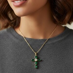 Gold Plated Cross Necklace with Emerald Green Gemstones
